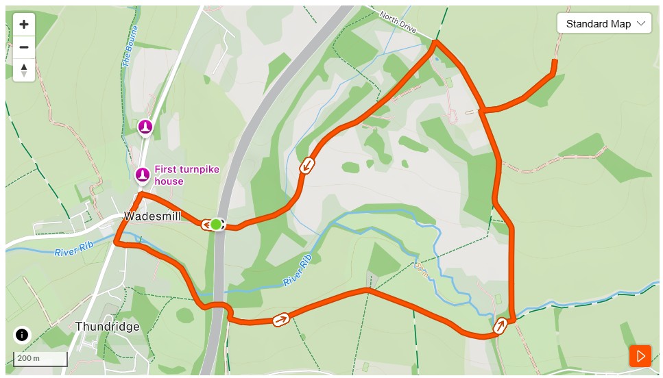 Map of the Ware Joggers Handicap route around Wadesmill and Thundridge